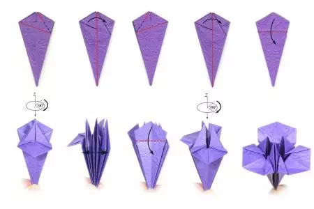 Origami «Iris». Պարզ թղթե ծաղիկ ըստ սխեմայի: Ինչպես կատարել քայլ առ քայլ հրահանգներ էլեգանտ Իրիս իրենց ձեռքերով սկսնակներով: 27028_12