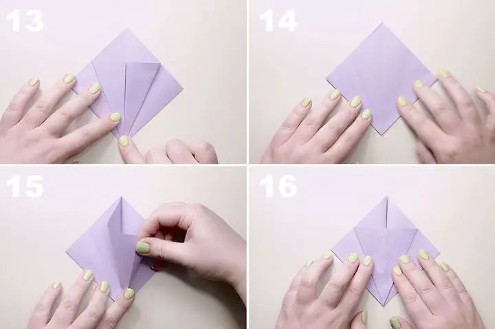 Origami «Iris». Պարզ թղթե ծաղիկ ըստ սխեմայի: Ինչպես կատարել քայլ առ քայլ հրահանգներ էլեգանտ Իրիս իրենց ձեռքերով սկսնակներով: 27028_6