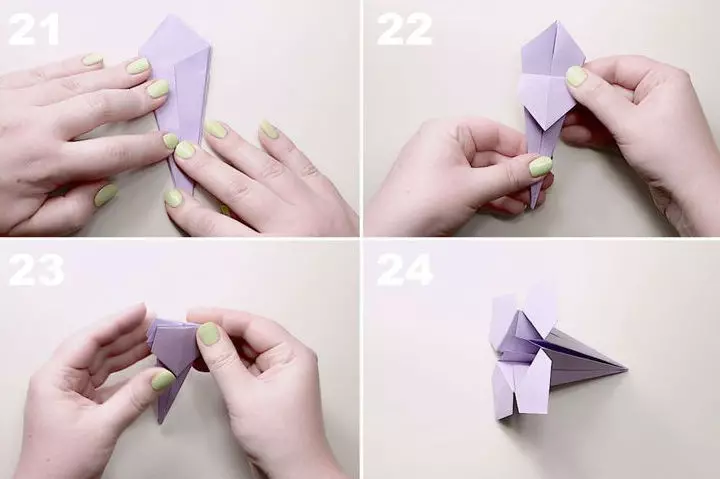 Origami «Iris». Պարզ թղթե ծաղիկ ըստ սխեմայի: Ինչպես կատարել քայլ առ քայլ հրահանգներ էլեգանտ Իրիս իրենց ձեռքերով սկսնակներով: 27028_7
