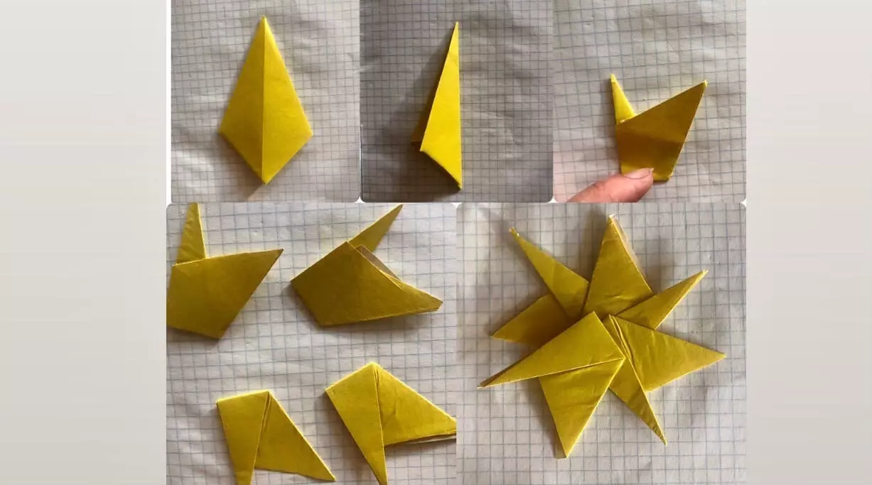 Origami „Sun”: Sun összehajtogatott papír harmonikus gyerekekkel lépésről lépésre. Hogyan készítsünk egy moduláris kézműves séma szerint saját kezűleg? 27033_23
