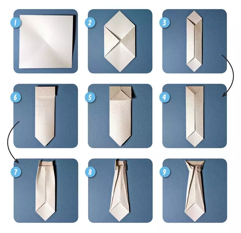 Origami «Tie»: Ինչպես կատարել մի թուղթ քայլ առ քայլ երեխաների հետ. Ինչպես հոտ բնօրինակ փողկապ է բացիկ համար հայրիկ երկայնքով փուլային սխեմայի անել դա ինքներդ: 27060_7