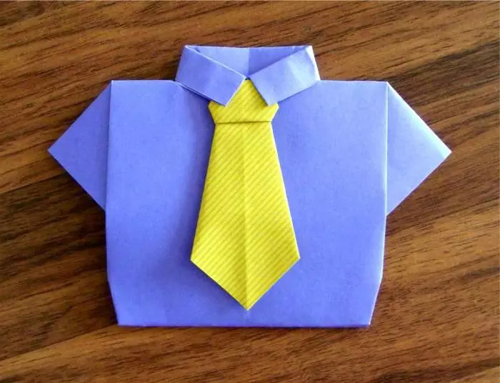 折り紙「ネクタイ」：紙を段階的にする方法段階的なスキームに沿ってDADのポストカードにオリジナルのネクタイを折りたたむ方法それを自分で行いますか？ 27060_9