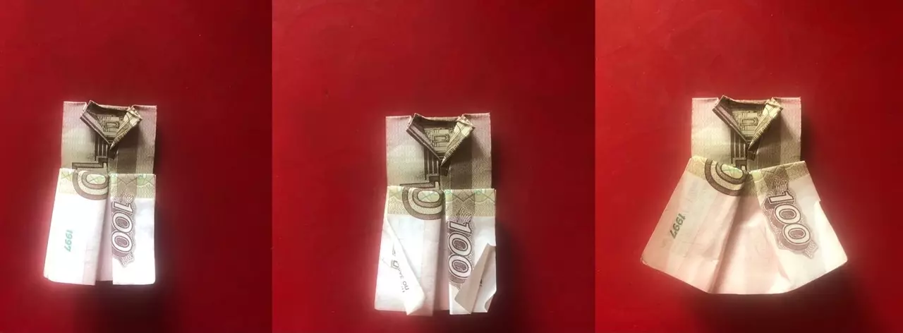 Origami kutoka pesa: moyo kutoka kwa bili ya fedha na shati, maua kulingana na mpango na mavazi na mikono yako mwenyewe kutoka kwa rubles 5000. Jinsi ya kupakia kipepeo? 27064_25