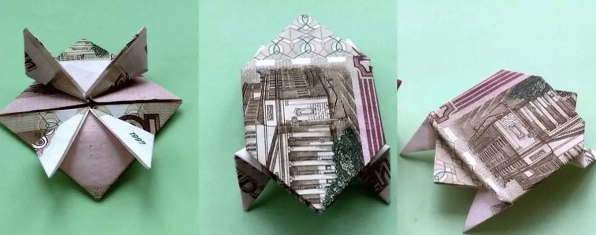 Origami från pengar: hjärta från kontanträkningar och skjorta, blomma enligt schemat och klänning med egna händer av 5000 rubel. Hur man viker en fjäril? 27064_30
