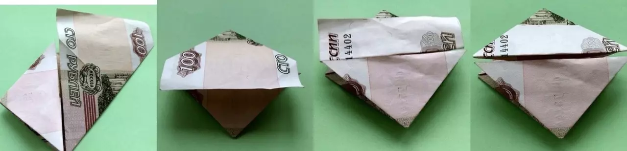 Origami dari uang: hati dari tagihan tunai dan kemeja, bunga sesuai dengan skema dan berpakaian dengan tangan Anda sendiri dari 5.000 rubel. Bagaimana cara melipat kupu-kupu? 27064_31