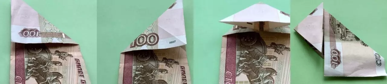 Origami z peněz: Srdce z hotovosti účtů a košile, květ podle schématu a šaty s vlastními rukama z 5000 rublů. Jak složit motýl? 27064_32