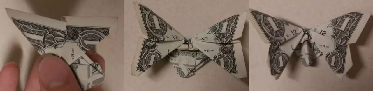 Origami från pengar: hjärta från kontanträkningar och skjorta, blomma enligt schemat och klänning med egna händer av 5000 rubel. Hur man viker en fjäril? 27064_33