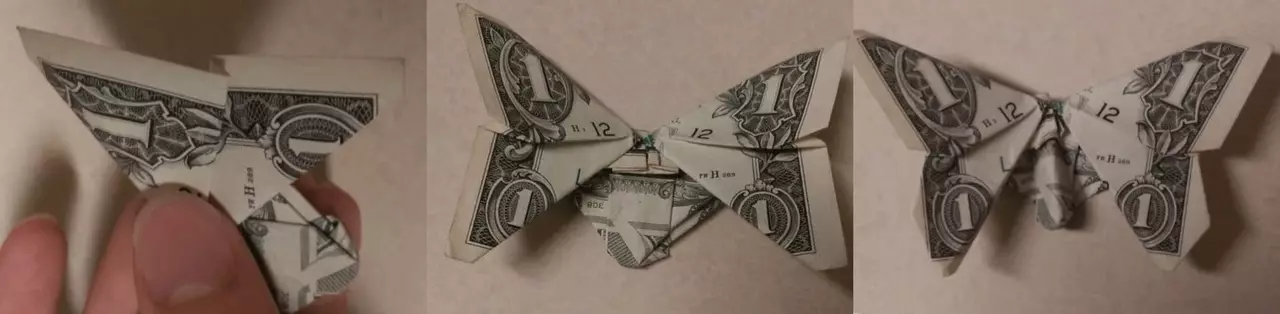 Origami փողից. Սիրտ կանխիկ թղթադրամներից եւ վերնաշապիկից ծաղիկ, ըստ սխեմայի եւ ձեր սեփական ձեռքերով հագնվել 5000 ռուբլուց: Ինչպես ծալել թիթեռը: 27064_33