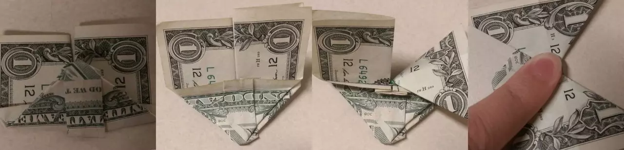 Origami փողից. Սիրտ կանխիկ թղթադրամներից եւ վերնաշապիկից ծաղիկ, ըստ սխեմայի եւ ձեր սեփական ձեռքերով հագնվել 5000 ռուբլուց: Ինչպես ծալել թիթեռը: 27064_34