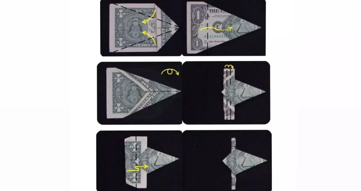 Origami iz novca: srce od novčanih računa i košulje, cvijet prema shemi i oblači se vlastitim rukama od 5000 rubalja. Kako preklopiti leptira? 27064_41