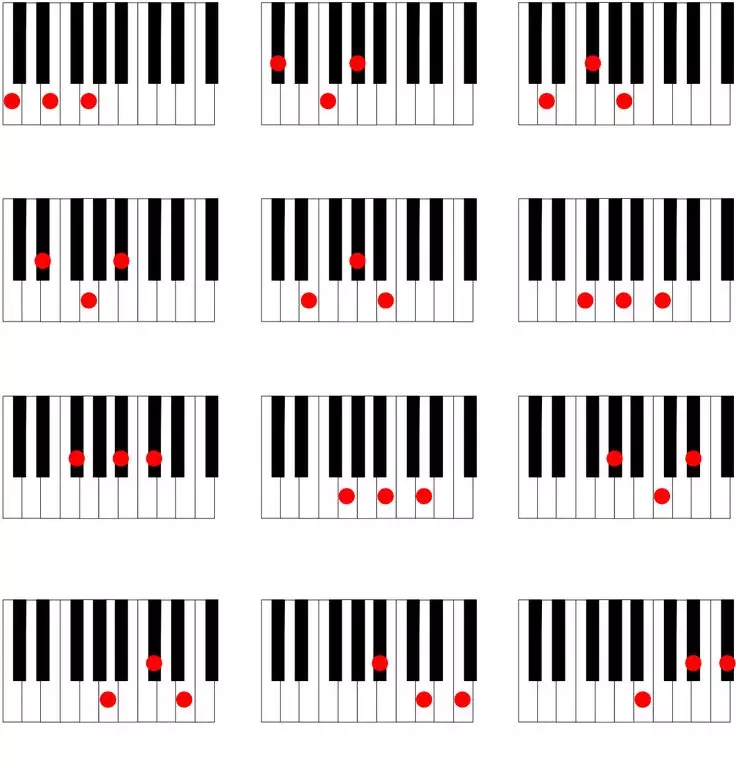 Chords op de synthesizer: chords yn foto 's foar begjinners. Hoe te spyljen lofterhân op de kaaien? Designations fan simpele en ljocht chords 27091_14
