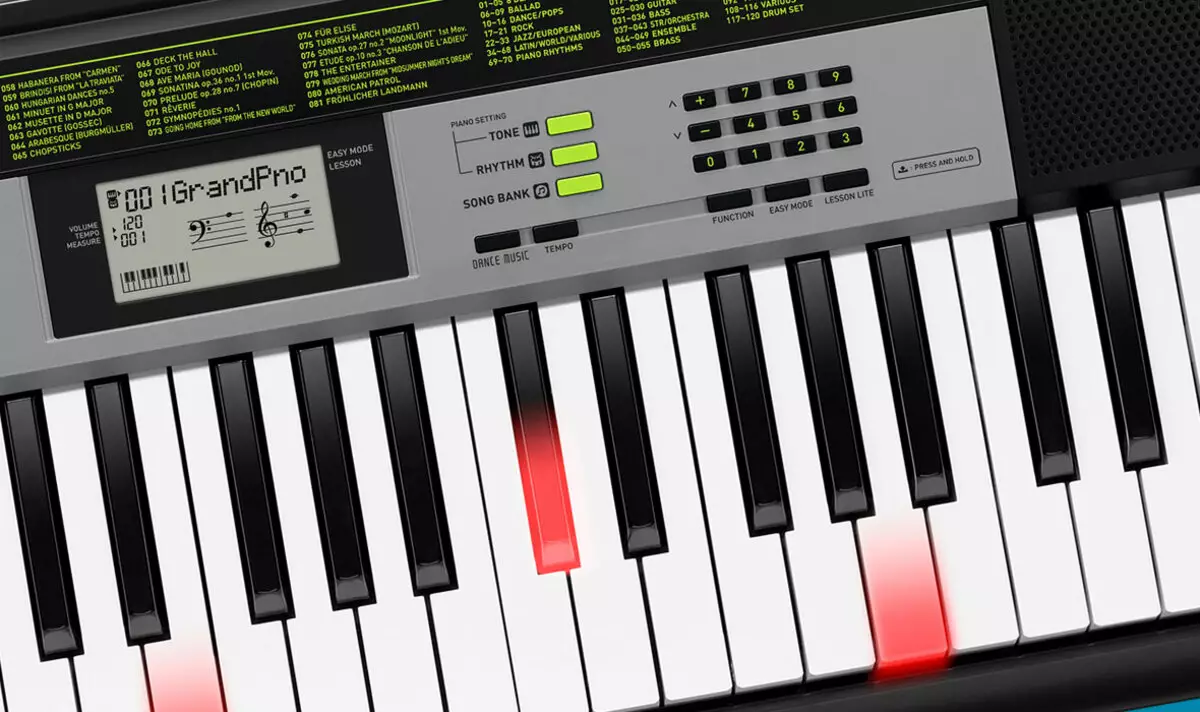Chord ing synthesizer: kord ing gambar kanggo pamula. Cara muter tangan kiwa ing kunci? Sebagian saka kord sing gampang lan entheng 27091_20