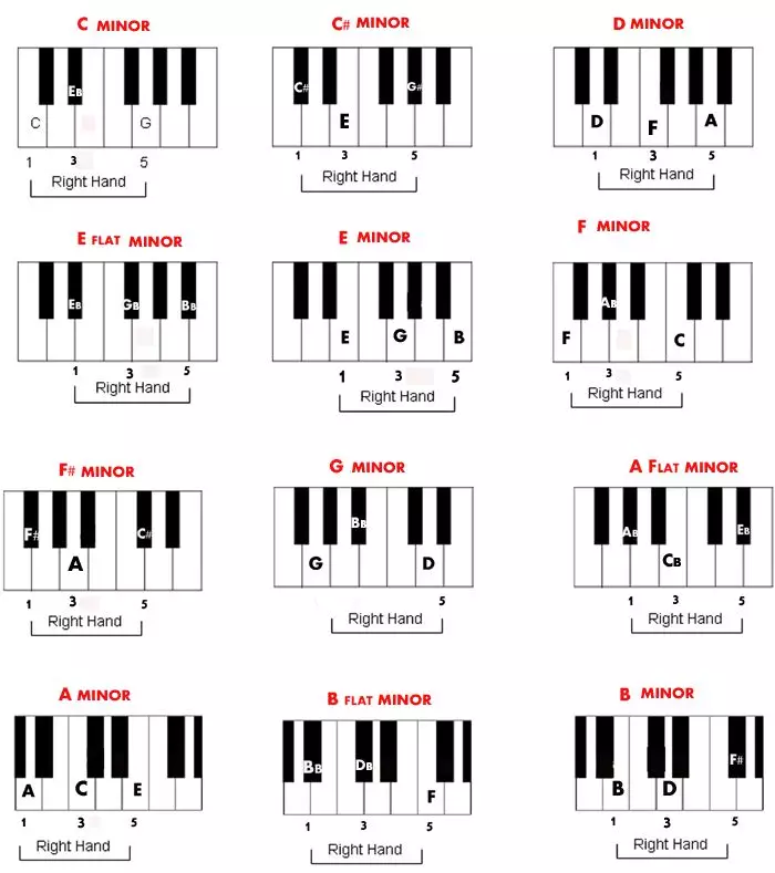 Akkorder på synthesizer: Akkorder i billeder til begyndere. Sådan spiller du venstre hånd på nøglerne? Betegnelser af enkle og lette akkorder 27091_6