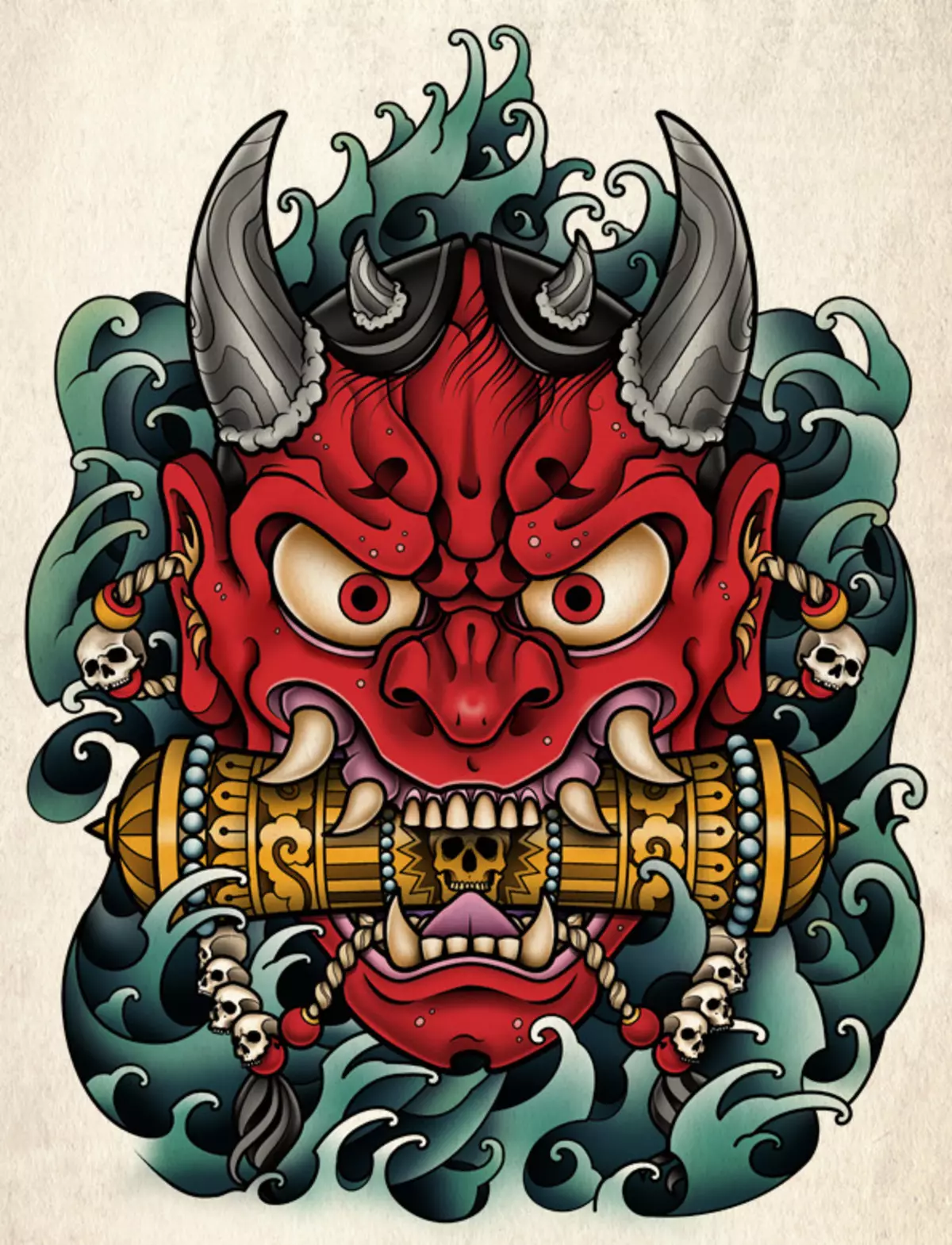 Tattoo ճապոնական դիմակների տեսքով. Դեւեր եւ դրանց իմաստները: Դաջվածքների էսքիզներ Japan ապոնիայի դիմակների ոճով: Դաջվածքի «Սատանան» ձեռքին եւ դիցաբանության այլ սարսափելի հերոսների վրա 270_10