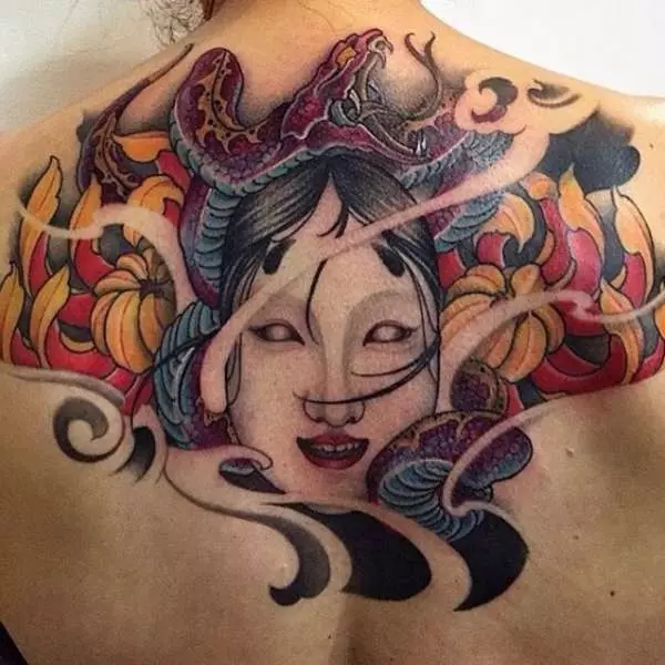 Tatoeage in de vorm van Japanse maskers: demonen en hun betekenissen. Schetsen van tatoeages in de stijl van Japan-maskers. Tattoo 