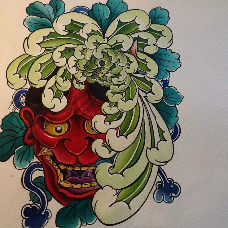 Japon maskeleri şeklinde dövme: şeytanlar ve anlamları. Japonya maskeleri tarzında dövmelerin skeçleri. El ve diğer mitolojinin diğer korkunç kahramanları dövme 
