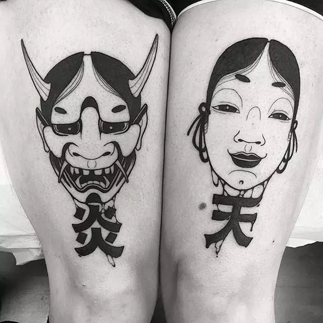 Tattoo në formën e maskave japoneze: demonët dhe kuptimet e tyre. Skica e tatuazheve në stilin e maskave të Japonisë. Tatuazh 