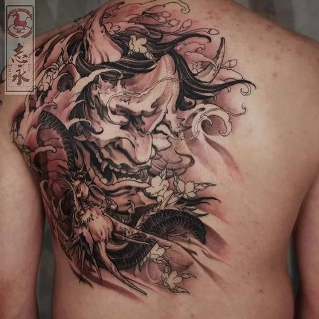 Tatuering i form av japanska masker: demoner och deras betydelse. Skisser av tatueringar i stil med Japan masker. Tattoo 