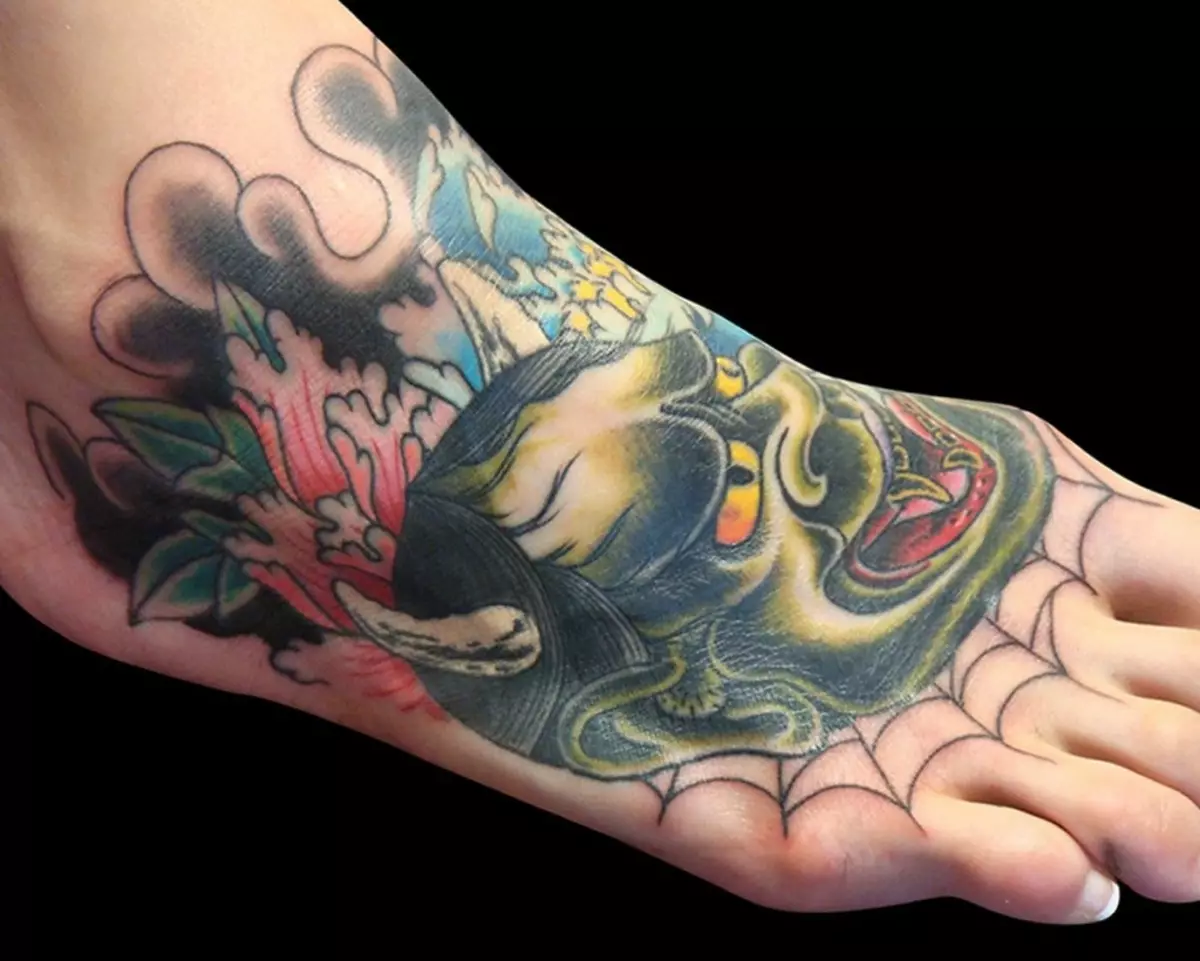 Tattoo en la formo de japanaj maskoj: demonoj kaj iliaj signifoj. Skizoj de tatuoj laŭ la stilo de japanaj maskoj. Tattoo 