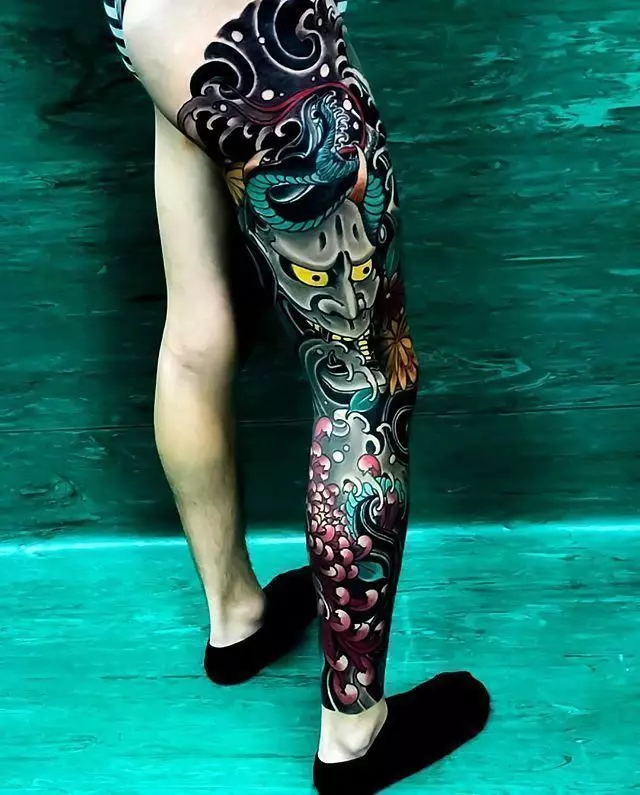 Жапондық маскалар түріндегі татуировка: жындар және олардың мағыналары. Жапония маскаларының стиліндегі татуировкалардың эскиздері. «Ібіліс» татуировкасы мифологияның басқа да қорқынышты батырлары 270_48