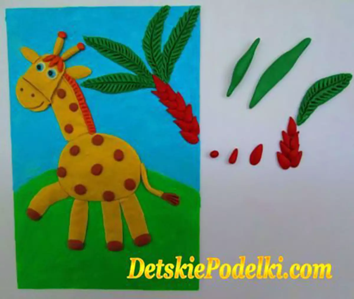 Giraffe from Plasticine (37 photos): How to make it kids with stoves step by step? How to make it on cardboard and what does it look like? Phased modeling of ordinary giraffe with their own hands 27200_36