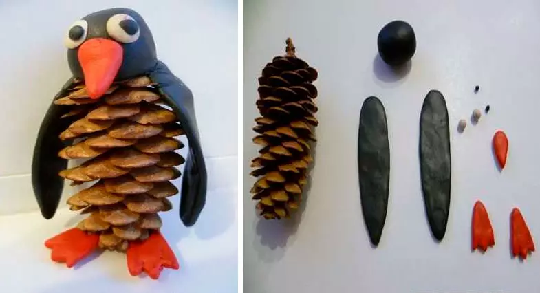 Пингвин од Пластилин (45 фотографии): Како да направите деца со конуси? Како да направите чекор-по-чекор со желади? Моделирање на картон со свои раце 27213_33