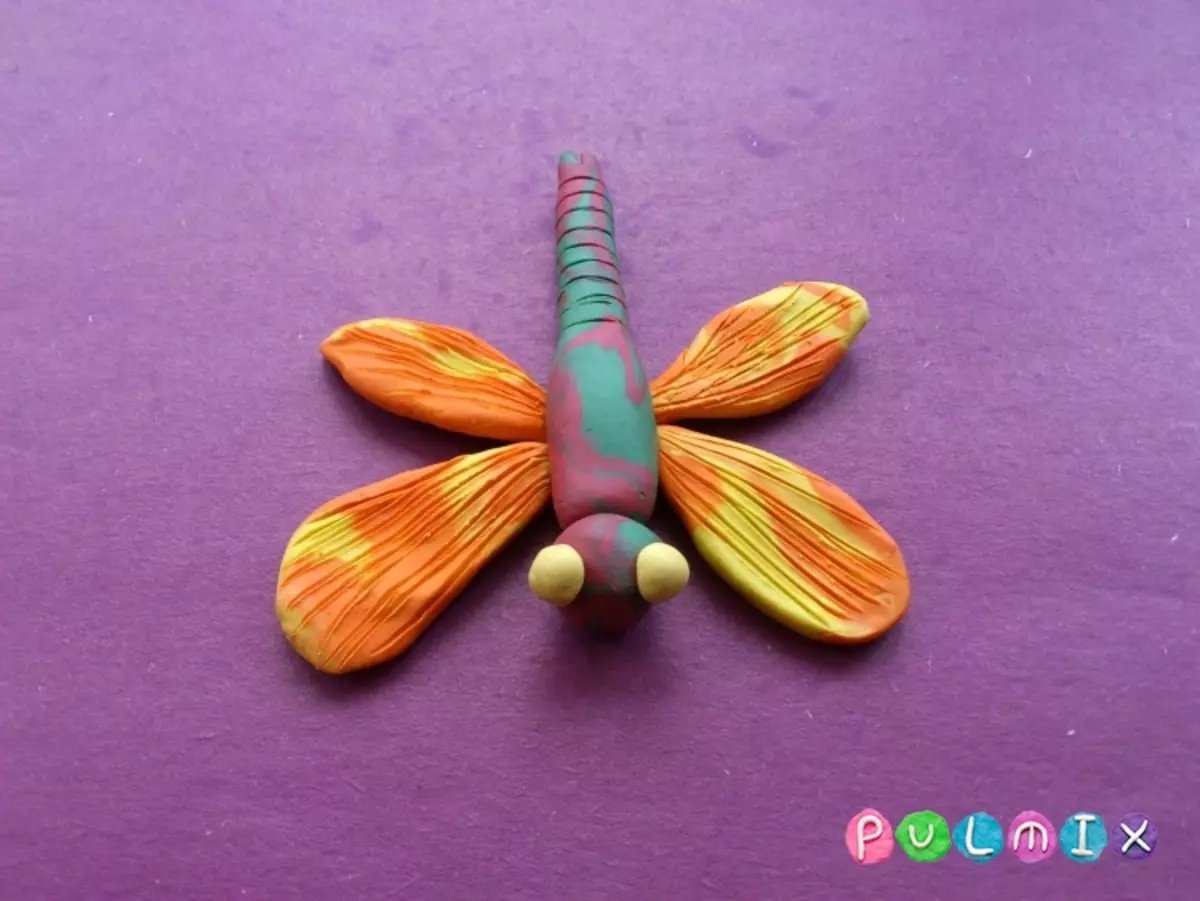 Dragonfly nga plasticine: Si për të bërë atë fëmijë me materiale natyrore? Përshtypje në kartonin hap pas hapi. Si të vendosni statenly të bëjë një dragonfly volumetrike? 27219_15