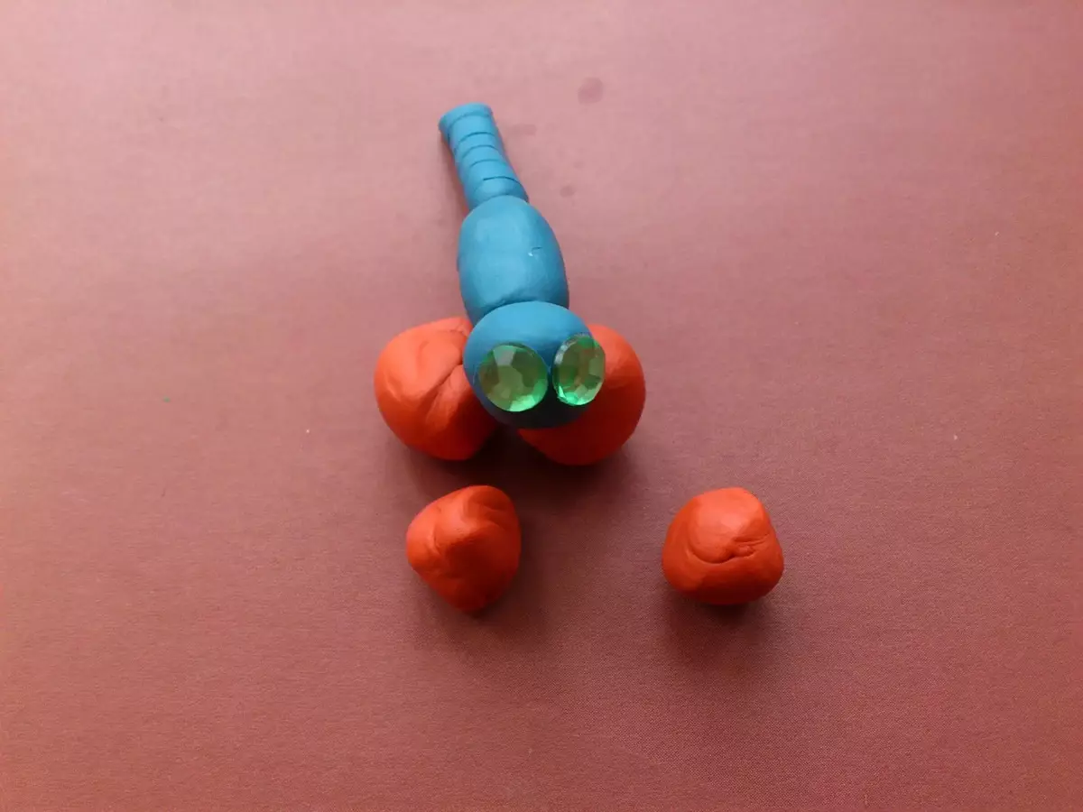 Dragonfly nga plasticine: Si për të bërë atë fëmijë me materiale natyrore? Përshtypje në kartonin hap pas hapi. Si të vendosni statenly të bëjë një dragonfly volumetrike? 27219_7