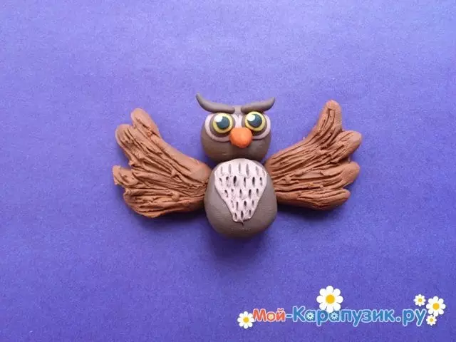 Owl từ plasticine (40 ảnh): Làm thế nào để làm cho nó làm cho nó trẻ em trên các tông từng bước? Làm thế nào để tạo ra một sovuchka kecking bằng tay của bạn? Owls cú từ không khí plasticine 27222_10