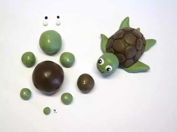 Gyurma teknős (57 fotó): Hogyan készítsünk egy teknős a gyermekek a plasztikákat és dióhéj? Maspeake dudorokkal. Hogyan készítsük el a kartonpapírra? 27224_10
