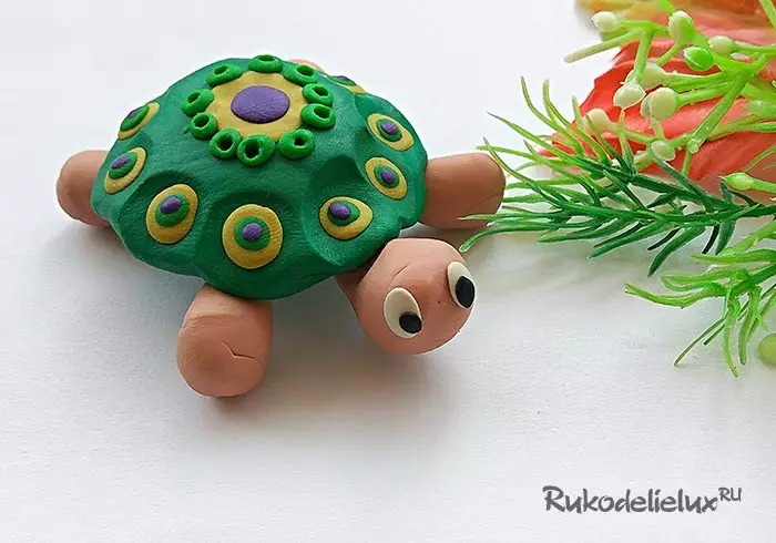 Turtle Turtle (57 fotografií): Ako si vyrobiť korytnačku pre deti z plastelínu a orechovného škrupiny? Maspeake s hrbnými hrbolmi. Ako to urobiť z plastelínu na lepej? 27224_20