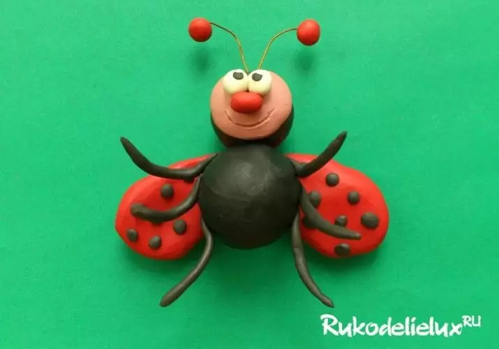 Marienkäfer aus Knetmasse (40 Fotos): Wie es Kinder aus Nussbaum machen und Plastilin Schritt-für-Schritt? Wie ein Stufen mit einer Kastanie machen? Modellierung auf Karton und Apfel 27228_23