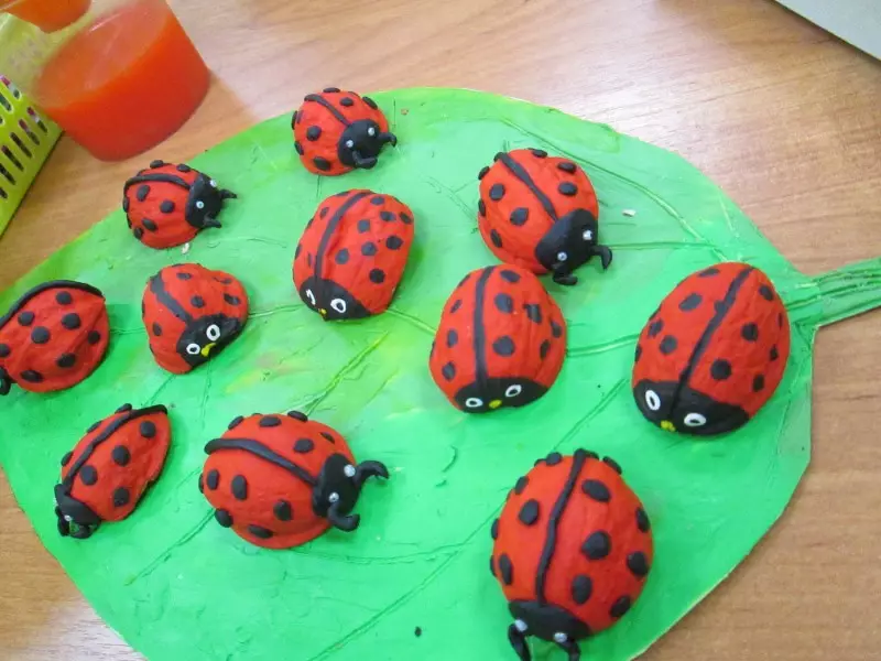 Plastmasin (40 ta rasmdan) ladybug: Qanday qilib uni yong'oq va plastinkali bosqichma-bosqich qo'yish kerak? Qanday qilib kashtan bilan bosqichma-pisha qilish kerak? Karton va Apple-da modellashtirish 27228_31