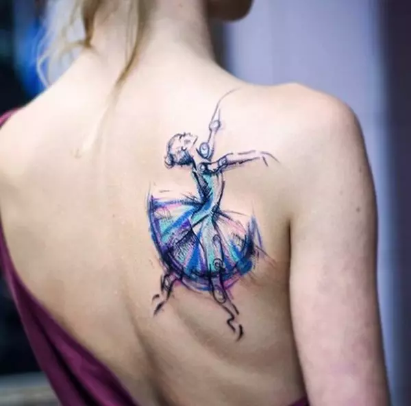 Tattoo "Ballerina": Verdien av tatoveringer og skisser for jenter, mini-tatovering og stor på hånd og ben, på baksiden og andre deler av kroppen