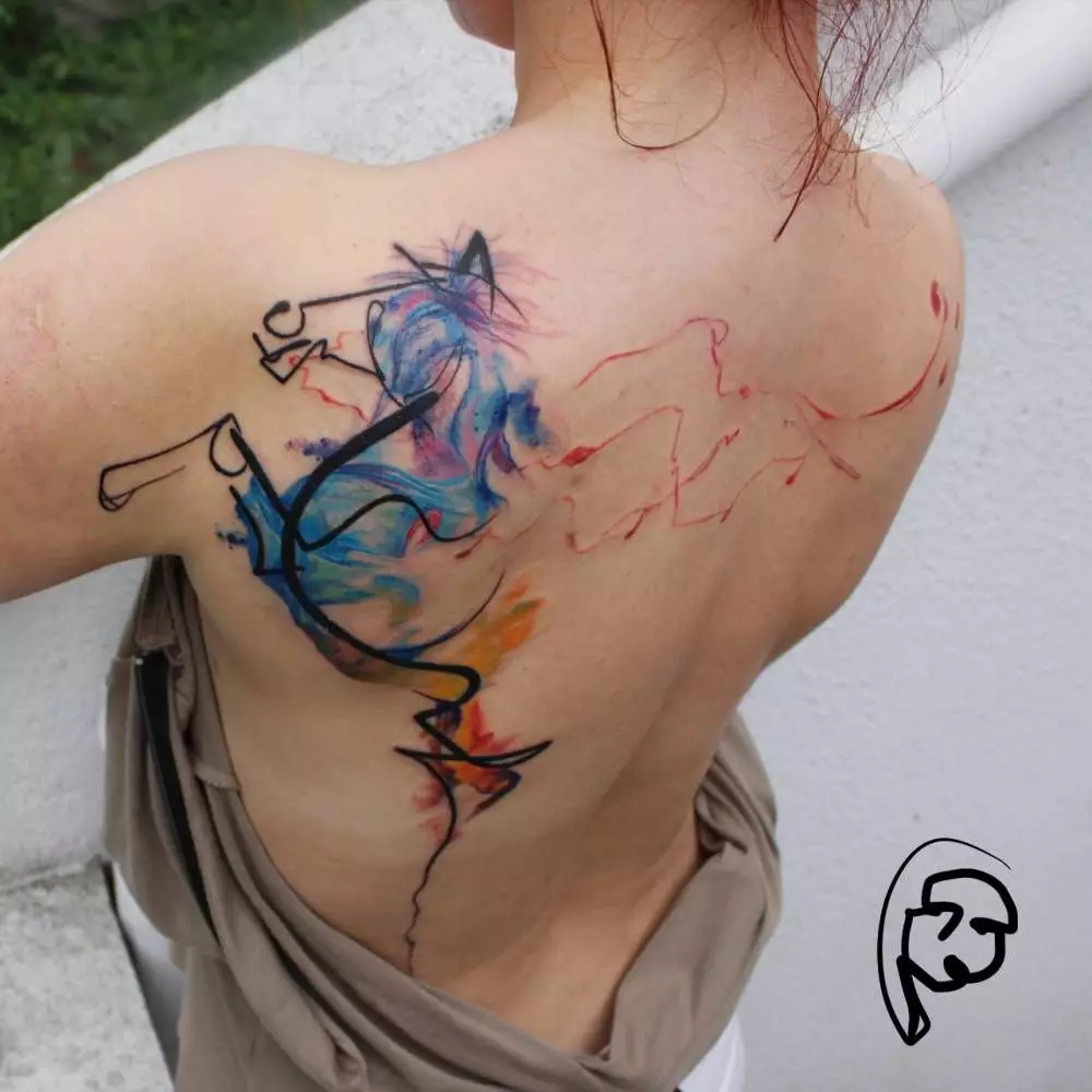 Tattoo i stil abstraktion: skisser för tjejer och för killar, tatuering på hand och på axeln, på nacke och ben, på baksidan och på andra delar av kroppen, deras mening 277_22