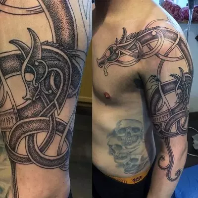 Tattoo z zmaji (68 fotografij): skice in vrednosti. Tetovaže na roki in na rami, na hrbtu in na kolku, na vratu in nogi, na podlakti in na drugih delih telesa 279_45