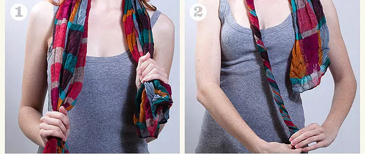 스카프를 묶는 법 (110 사진) : 아름답고 세련된 묶는 것, 터번 및 사각형과 두꺼운 스카프에 대한 다른 옵션 2908_23