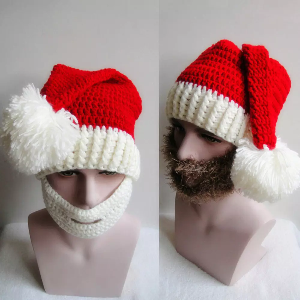 шапката на Нова година (55 снимки): Дядо Коледа с брада и Дядо Коледа, фокусник шапка в детска градина, плетени модели на викинг, люкове-Ushanki 2981_23