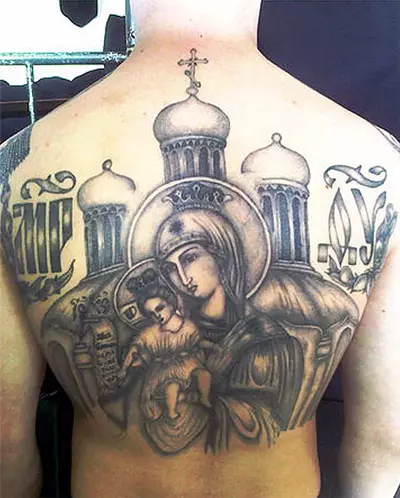 «Бриго Мария» татуировкасы: эскиздер мен мағыналар, қолдағы татуировкасы және иыққа және иыққа нәресте ананың кеудедегі аналар түрінде, басқа татуировкасы бар 303_11