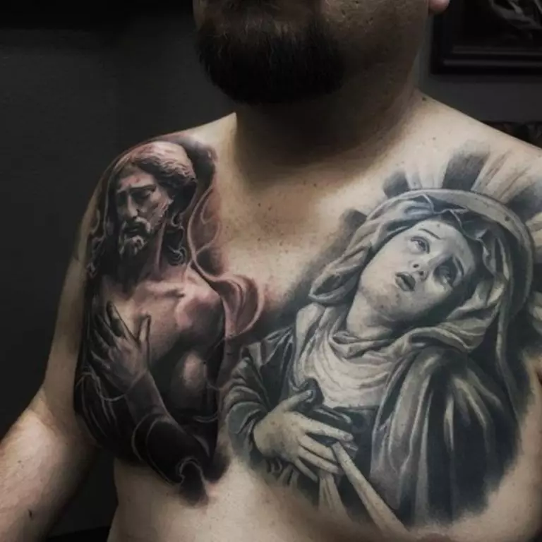Tattoo „Jungfrau Maria“: Skizzen und Bedeutungen, Tätowierung auf der Hand und an der Schulter in Form der Ikonen der Gottesmutter mit einem Baby auf der Brust, anderen Optionen Tattoo 303_38