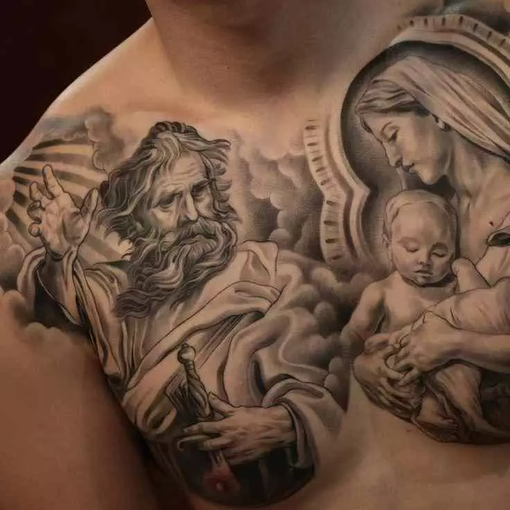 Tattoo „Jungfrau Maria“: Skizzen und Bedeutungen, Tätowierung auf der Hand und an der Schulter in Form der Ikonen der Gottesmutter mit einem Baby auf der Brust, anderen Optionen Tattoo 303_5