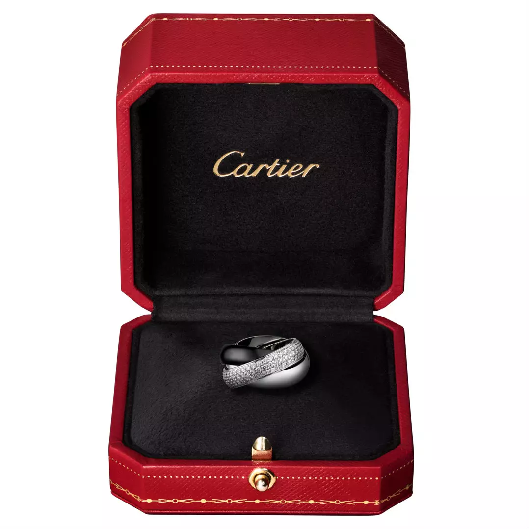 Rier carteri (115 poto): Sejarah perhiasan sareng tinjauan model Trinity anu populer, kuku, cinta, biaya biaya 3102_106