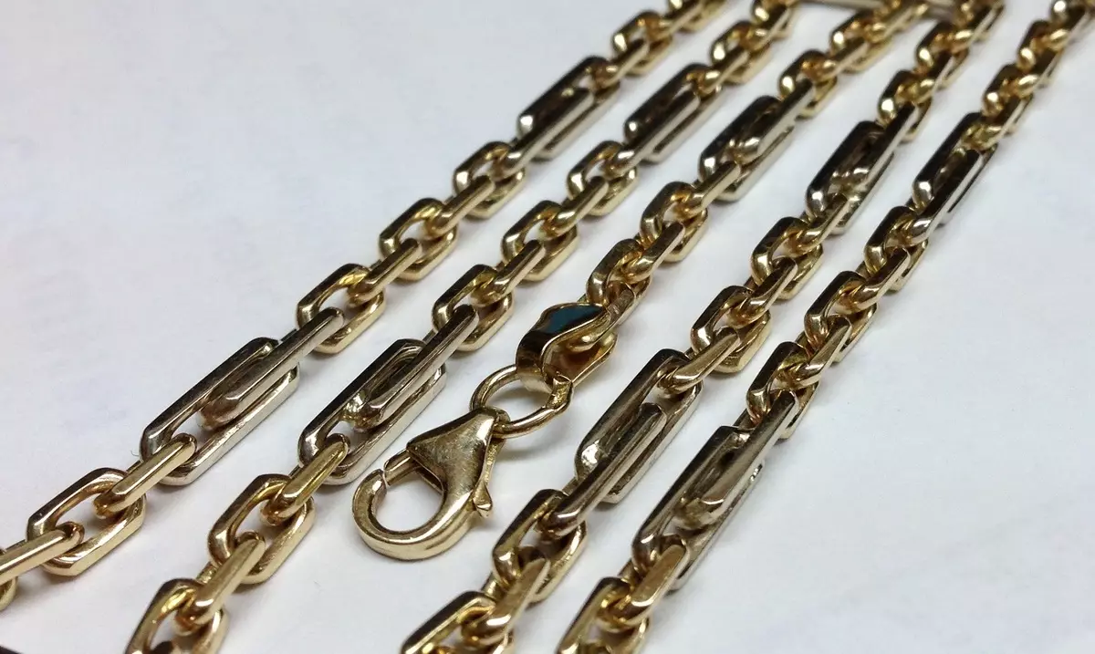 Chain Emas (114 Foto): Dekorasi wadon ing gulu emas kanthi dawane 40 cm, 585 conto 40 cm, 585 conto, kepiye milih 3483_15