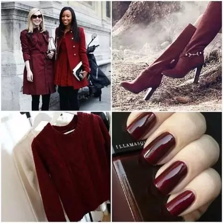 Inhlanganisela yombala we-burgundy ezingutsheni (izithombe ezingama-75): Yini iBordeaux iyahlanganisa, iye kubani, ukuthi ungagqoka kanjani ama-blondes burgundy dress 3604_12