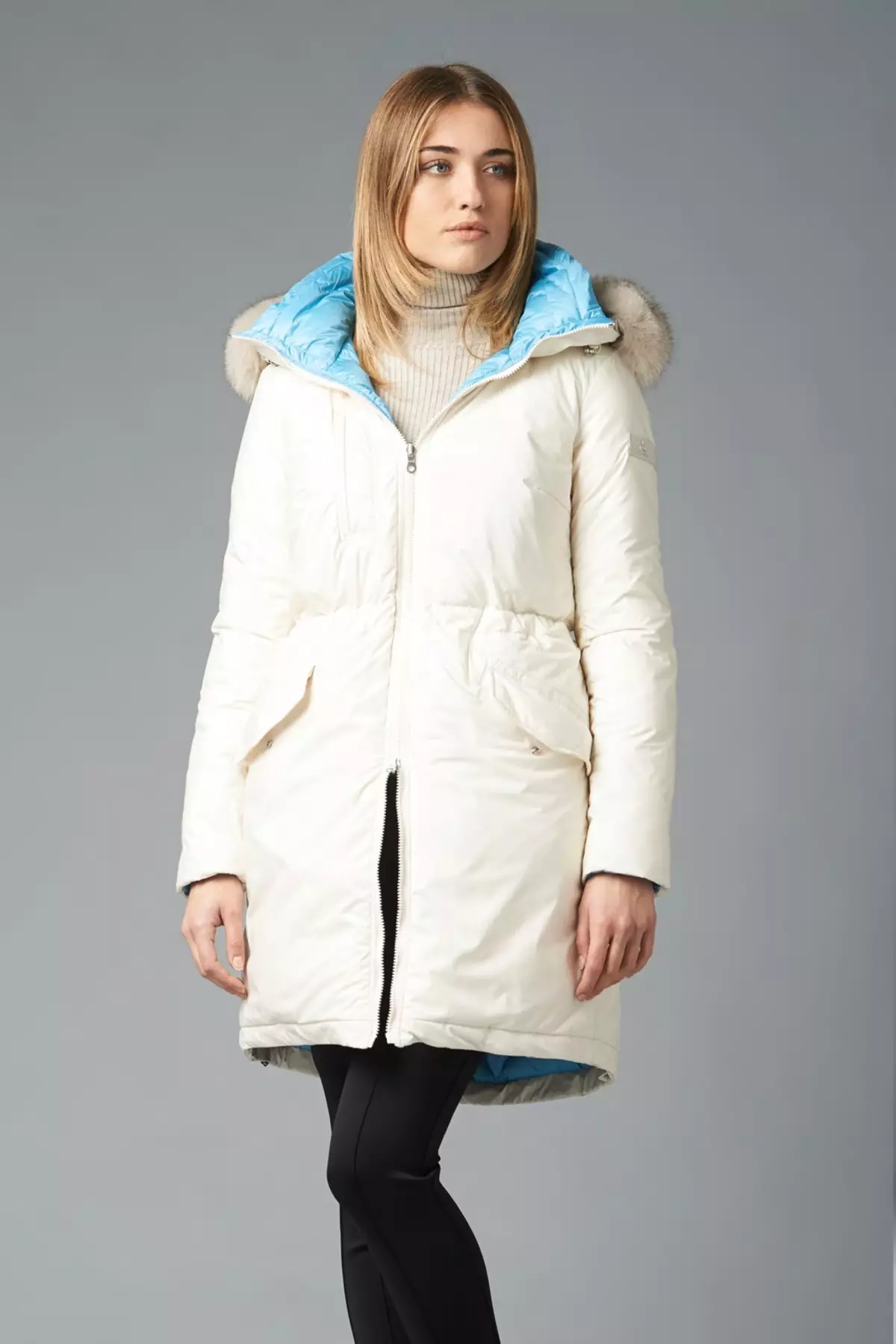 Park egy kapucnis szőrmével (34 fotó): Női elegáns kabát, nagy fehér szőrme kapucnis 362_14