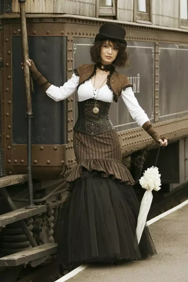Steampunk stiliaus drabužiai (80 nuotraukos): Vyriški kostiumai, Moterų suknelės, diržai ir kiti priedai kasdieniame gyvenime 3639_58