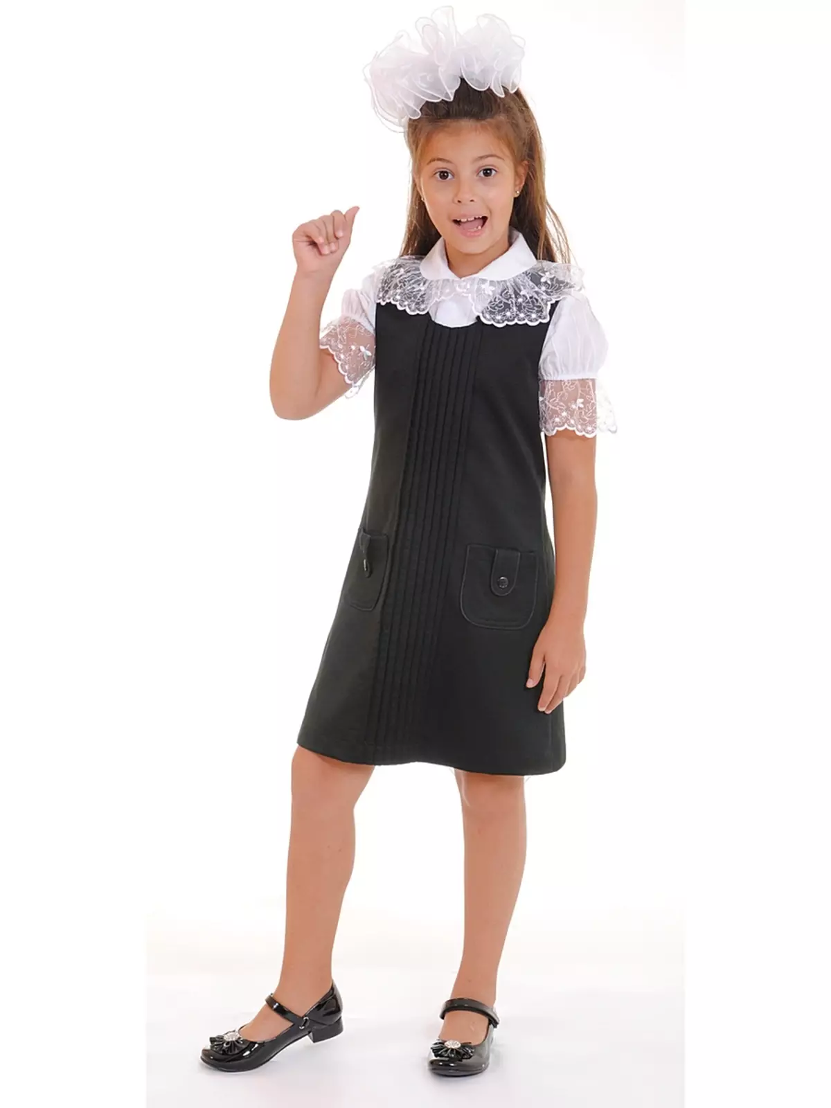 Cutie Susie (52 fotos): Uniforme da escola, vestidos, trajes e roupas para crianças para meninas 7 anos, produto 3792_11