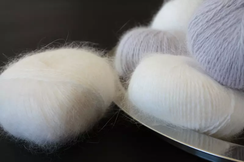 Angora-stof (32 foto's): Wat is it? Beskriuwing en komposysje fan angora-sêfte stof, melange en knitwear. Wat sjogge kostúms en jurken fan sa'n materiaal derút? Resinsjes fan beoordelingen 4049_4