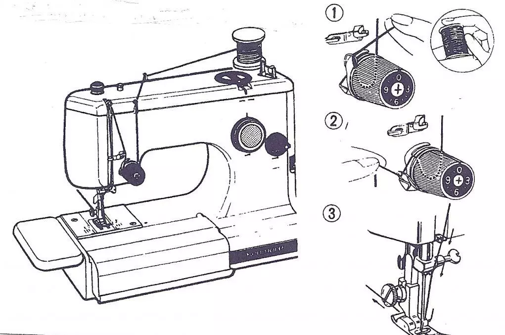 Como consertar uma máquina de costura? Como inserir um thread em uma máquina manual? Esquema de reabastecimento de tópicos superiores e inferiores na máquina elétrica e de pé 4056_23