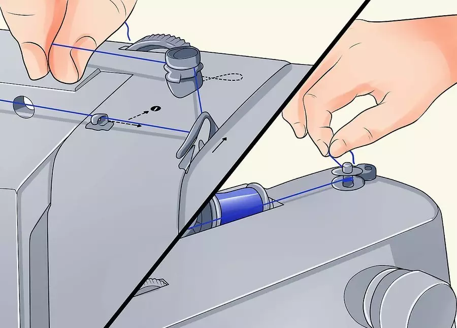 Hoe draad in Singer Naaimachine te herstellen? Tankende draden in een dobbelt van een oude typemachine. Schema voor Amerikaanse modellen 4068_4